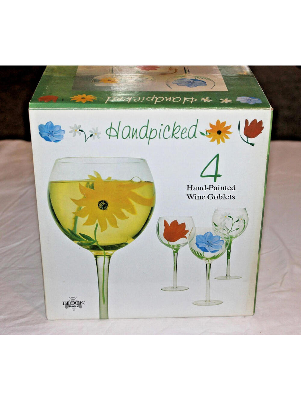 New Handpicked 4 Hand-Painted Wine Goblets 8.5” Tall in Original Box
